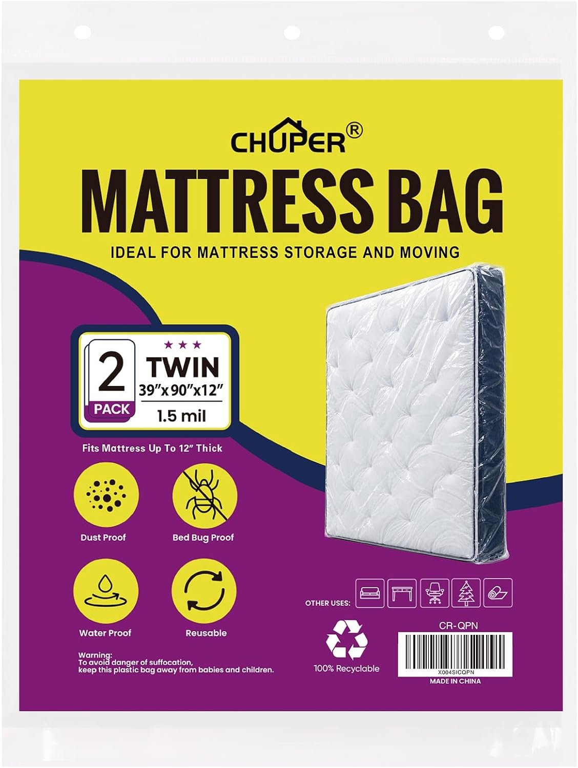 2 PK Twin Mattress Bags for Moving and Disposal – Waterproof Mattress Cover for Moving Twin Size Plastic Mattress Protector