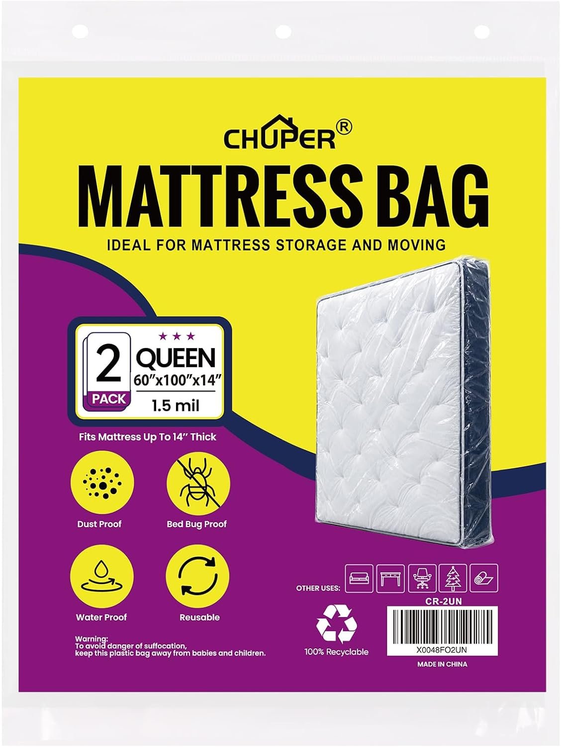 2 PK Twin Mattress Bags for Moving and Disposal – Waterproof Mattress Cover for Moving Twin Size Plastic Mattress Protector