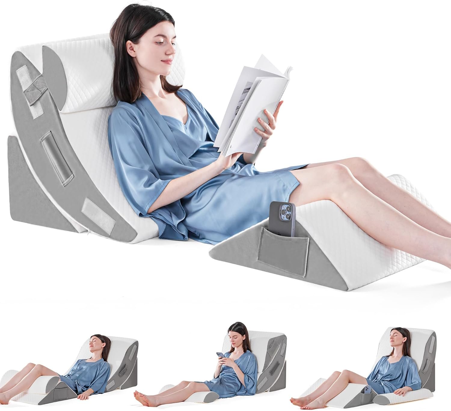 4PCS Orthopedic Bed Wedge Pillow Set for Sleeping, Post Surgery Foam Pillow for Body, Back and Leg Pain Relief, Triangle Adjustable Support Pillow - Acid Reflux, Anti Snoring  GERD Sleeping