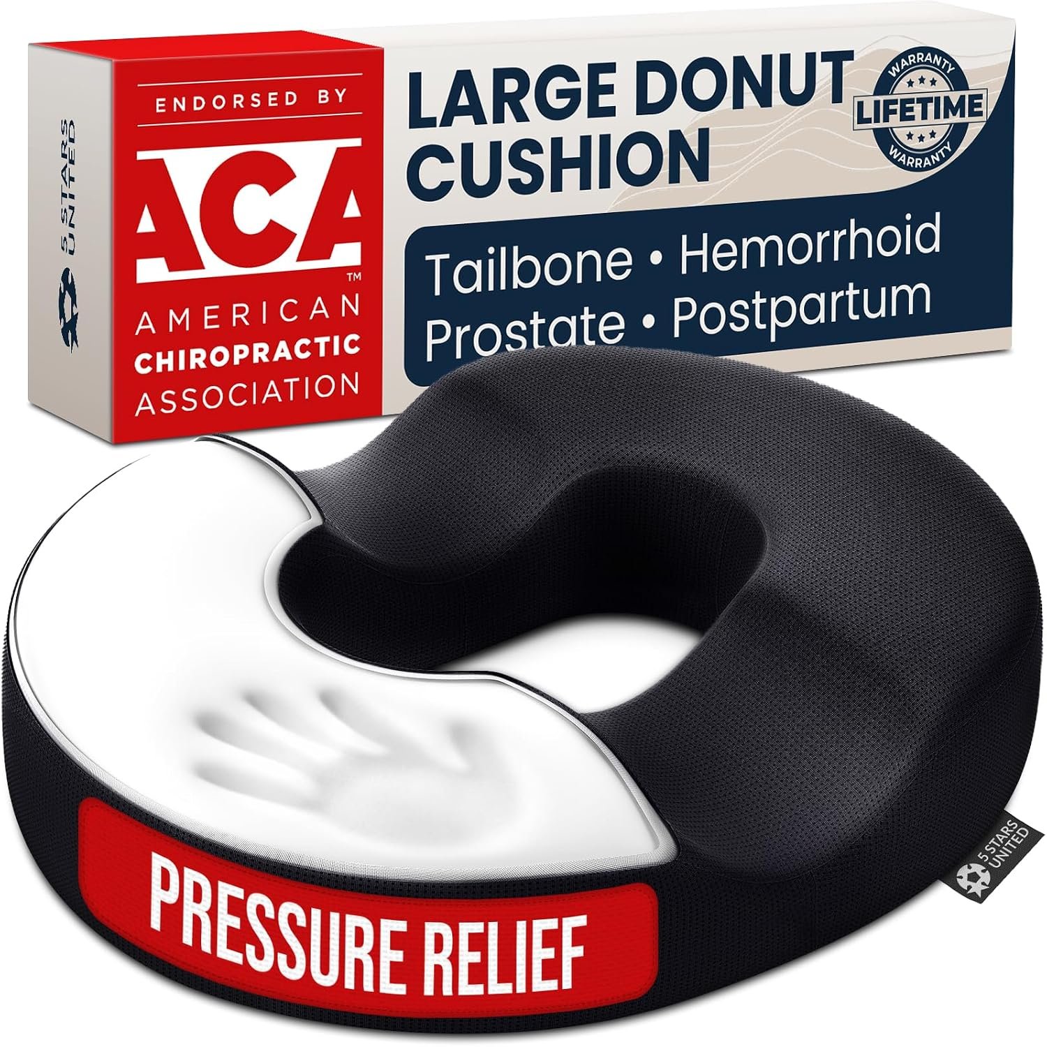 5 STARS UNITED Donut Pillow for Tailbone Pain  Hemorrhoids – Large Memory Foam Seat Cushion for Bed Sore-Prone Areas  Pressure Relief – Prostate, Postpartum  Pregnancy Support, Black Mesh Cover