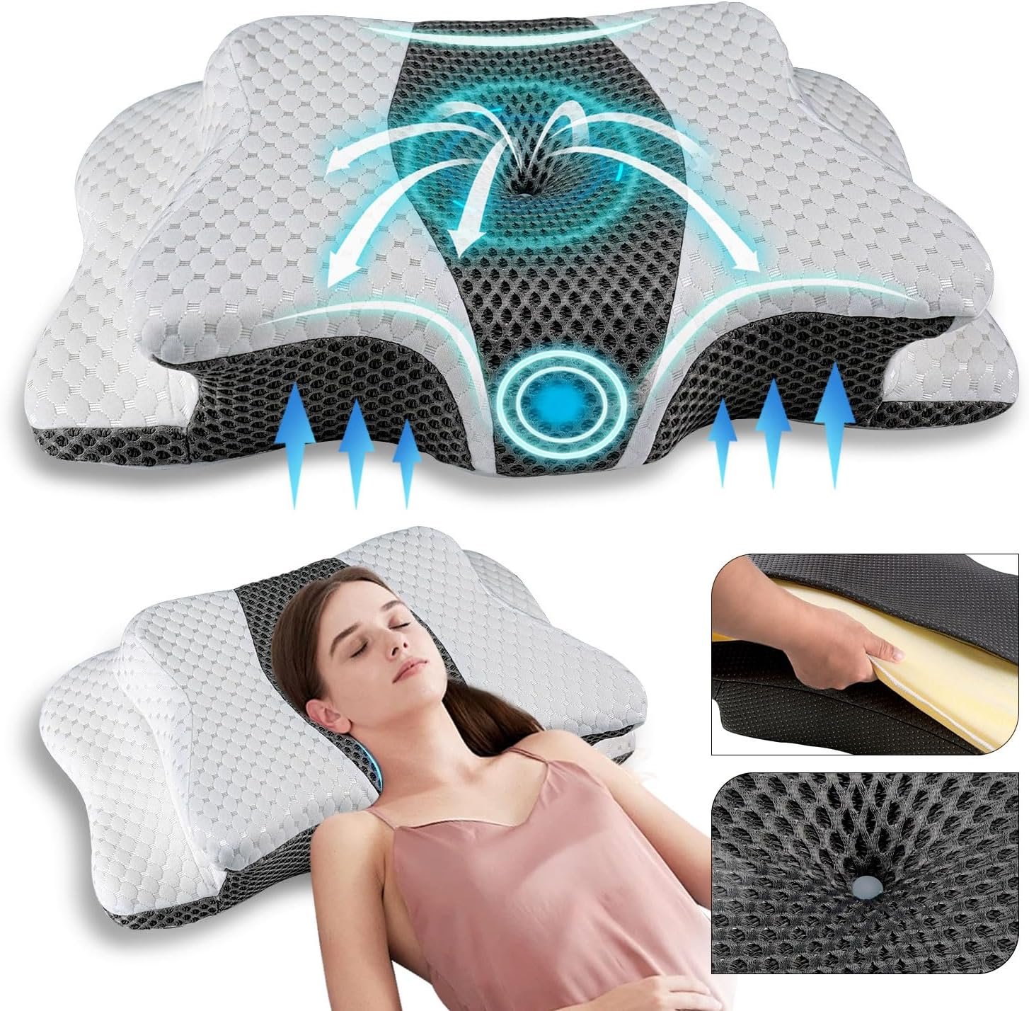 Adjustable Cervical Pillow, Dark Grey Odorless Memory Foam for Neck Pain Relief