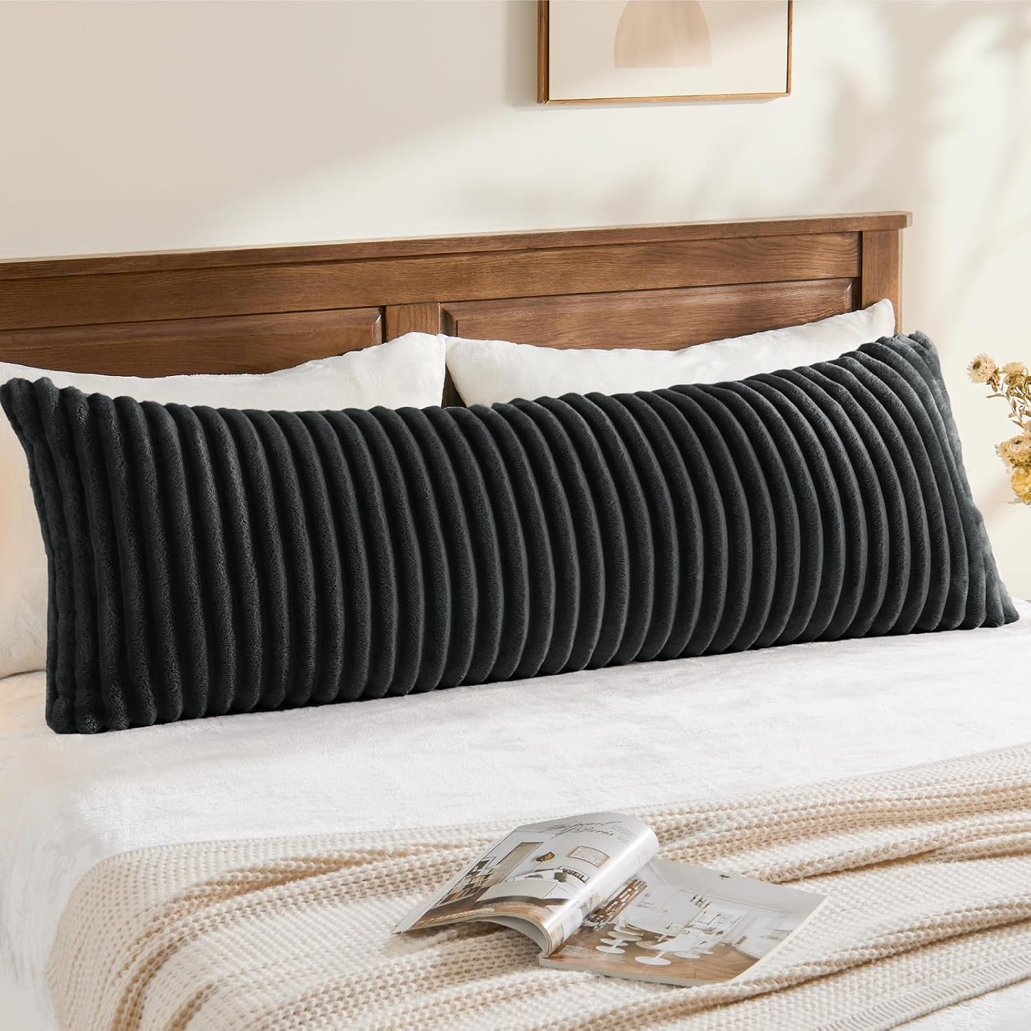 BEDELITE Fluffy Striped Body Pillow Cover with Zipper, Cream White, 20x54"