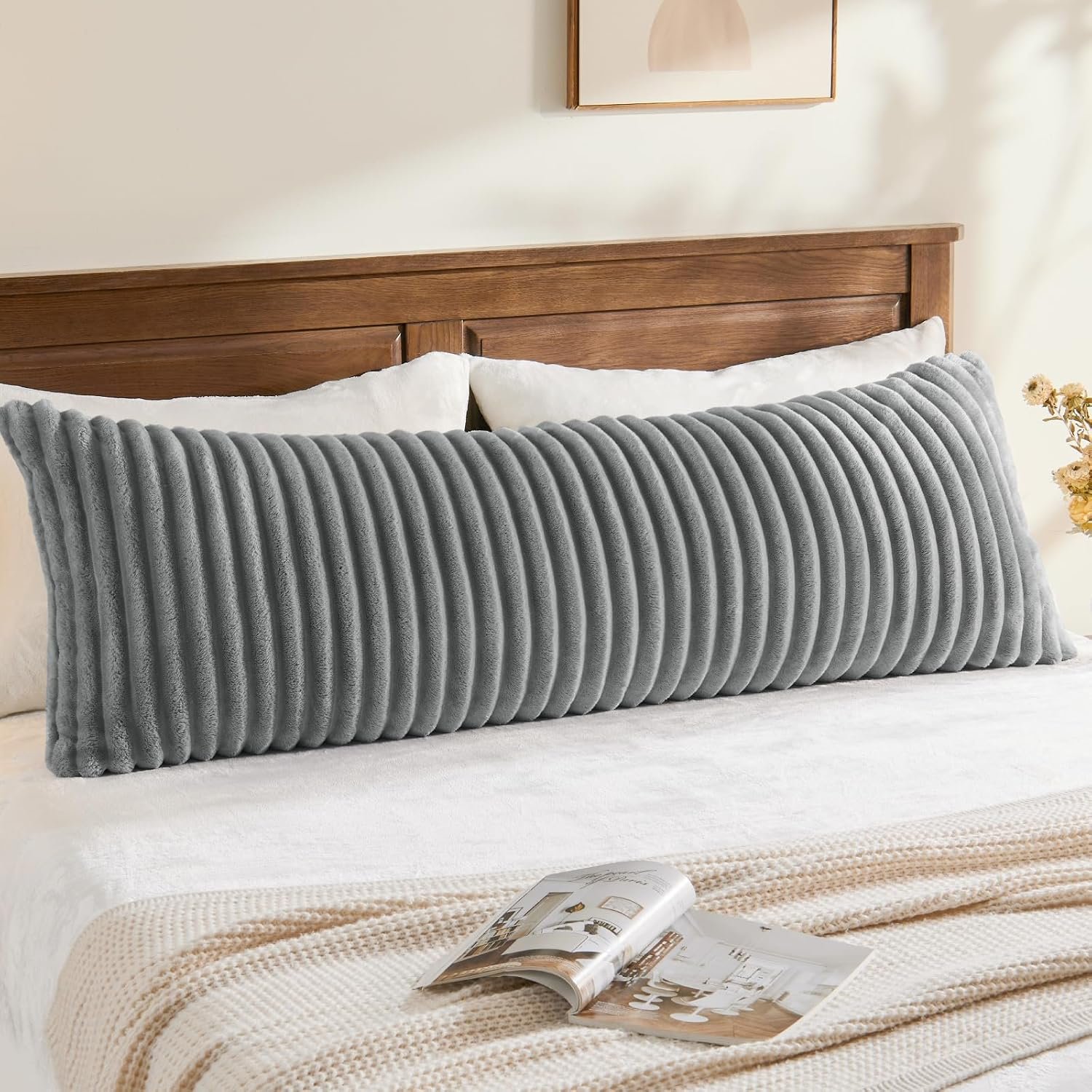 BEDELITE Fluffy Striped Body Pillow Cover with Zipper, Cream White, 20x54"