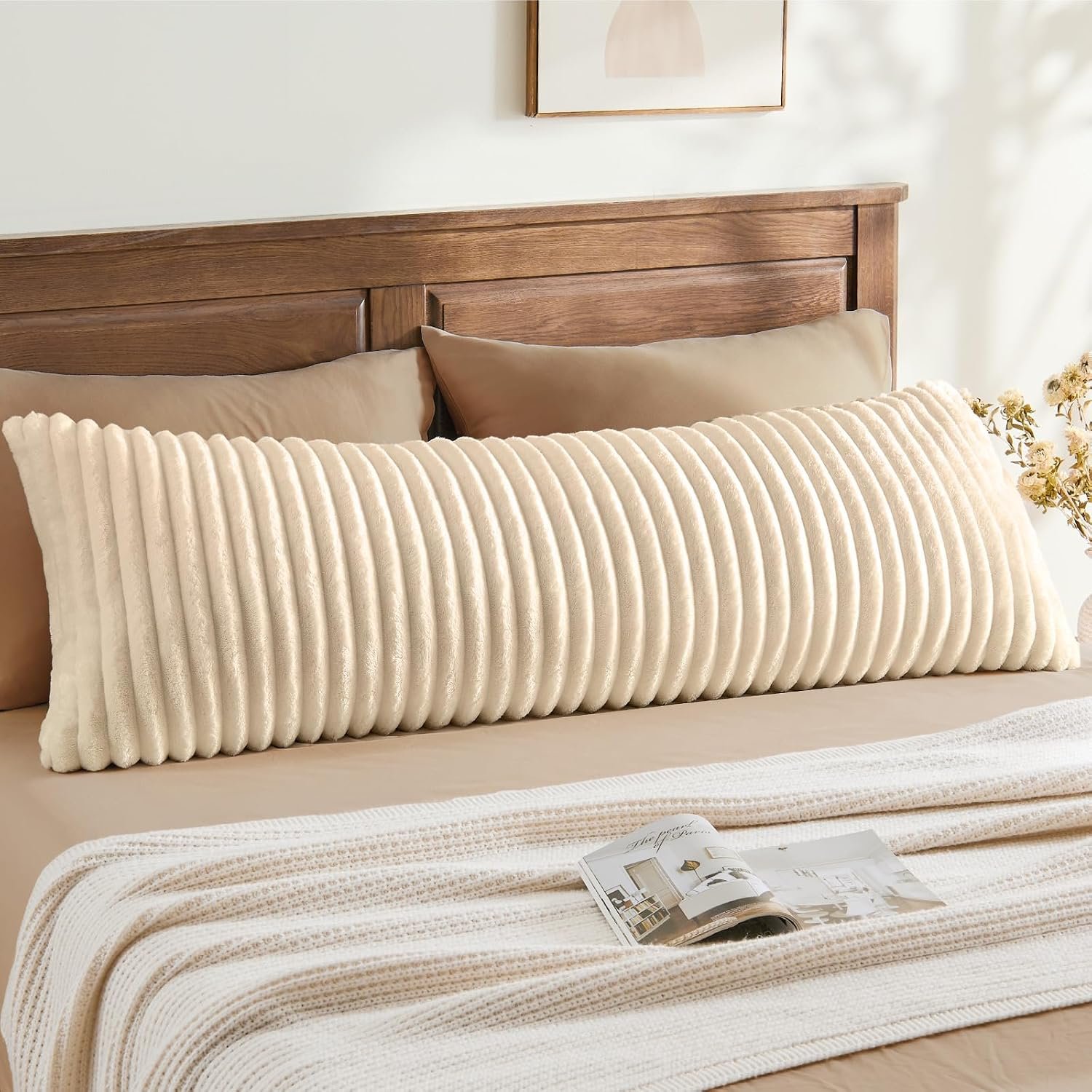 BEDELITE Fluffy Striped Body Pillow Cover with Zipper, Cream White, 20x54"