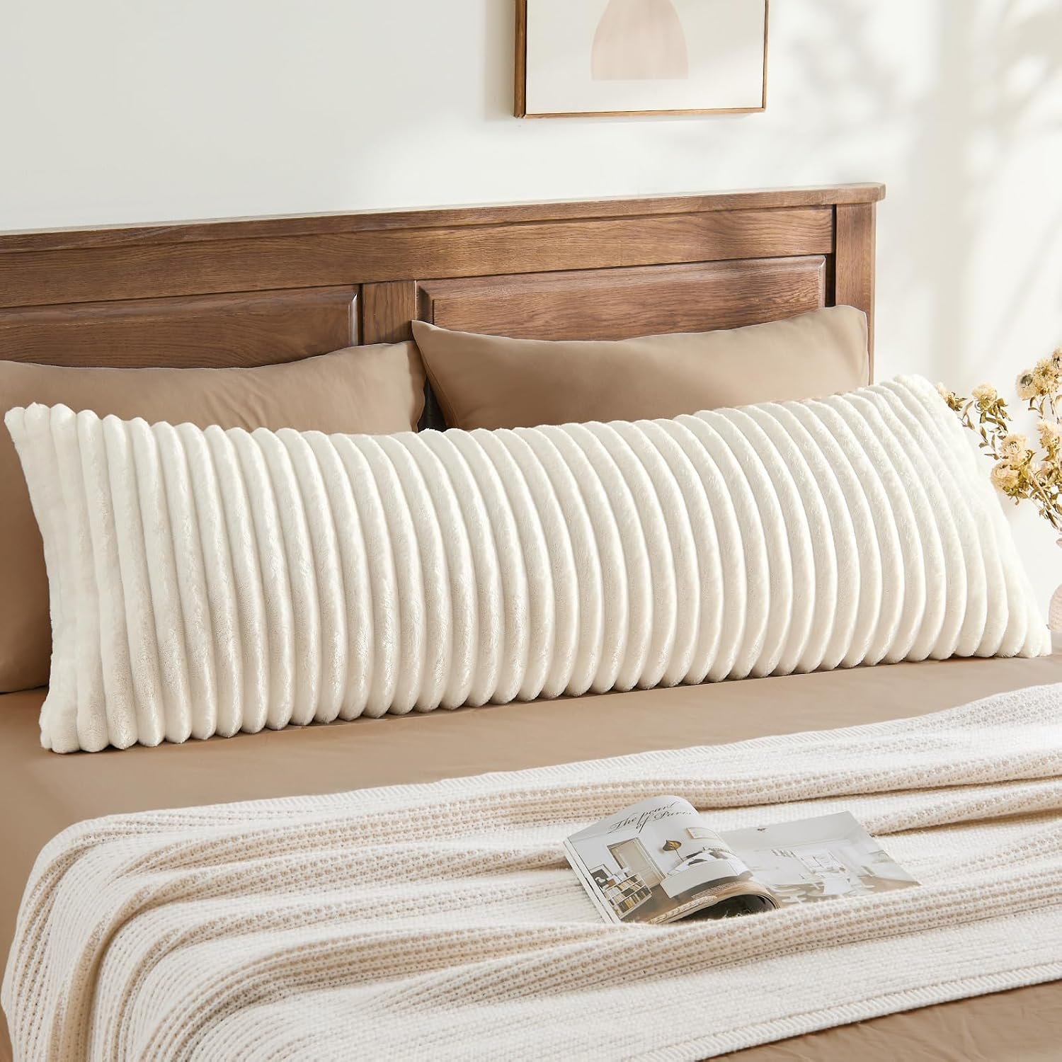 BEDELITE Fluffy Striped Body Pillow Cover with Zipper, Cream White, 20x54"