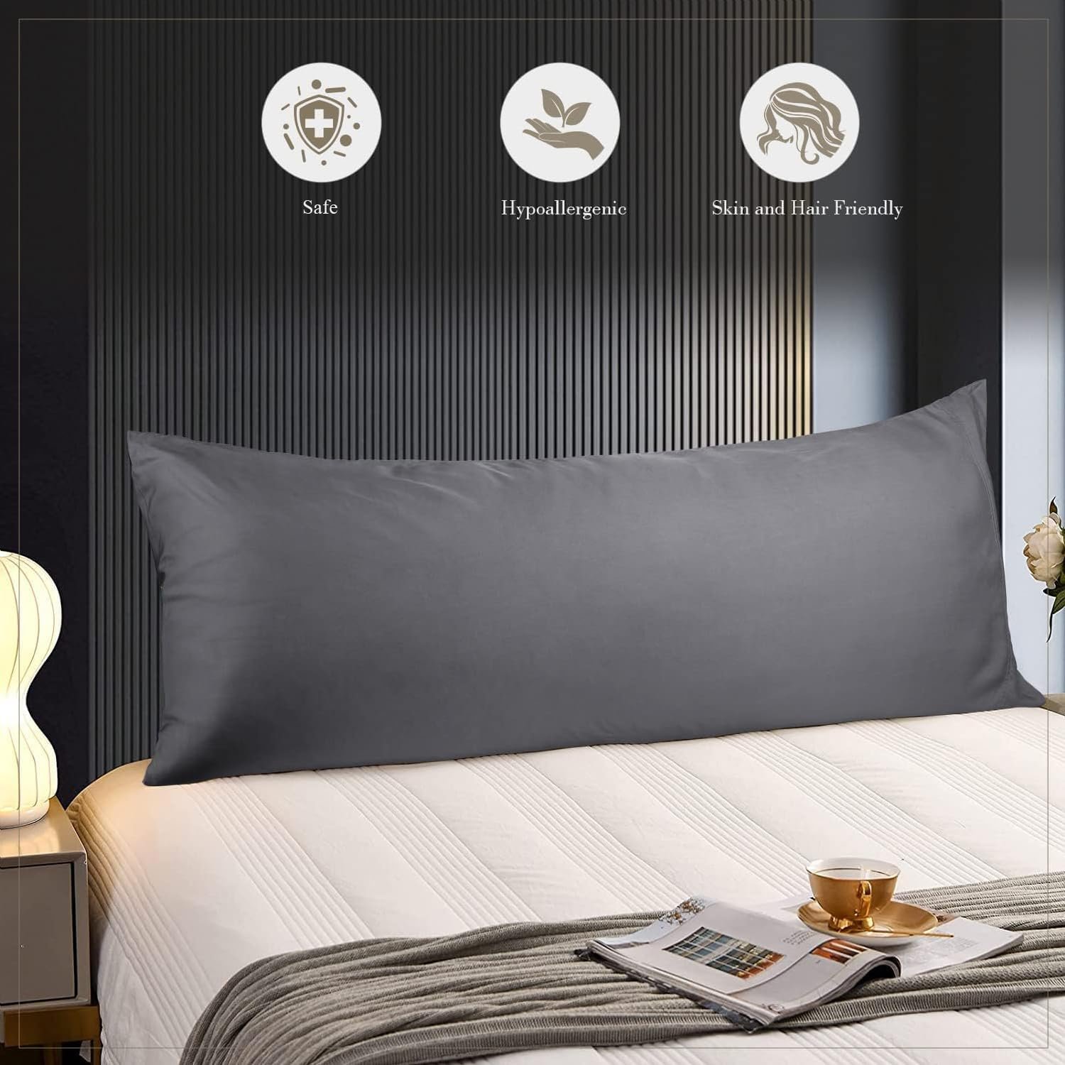 Body Cooling Pillowcase Long Pillow Case Breathable Cool Silky Soft Rayon Derived from Bamboo Fabric, Hair and Skin Friendly