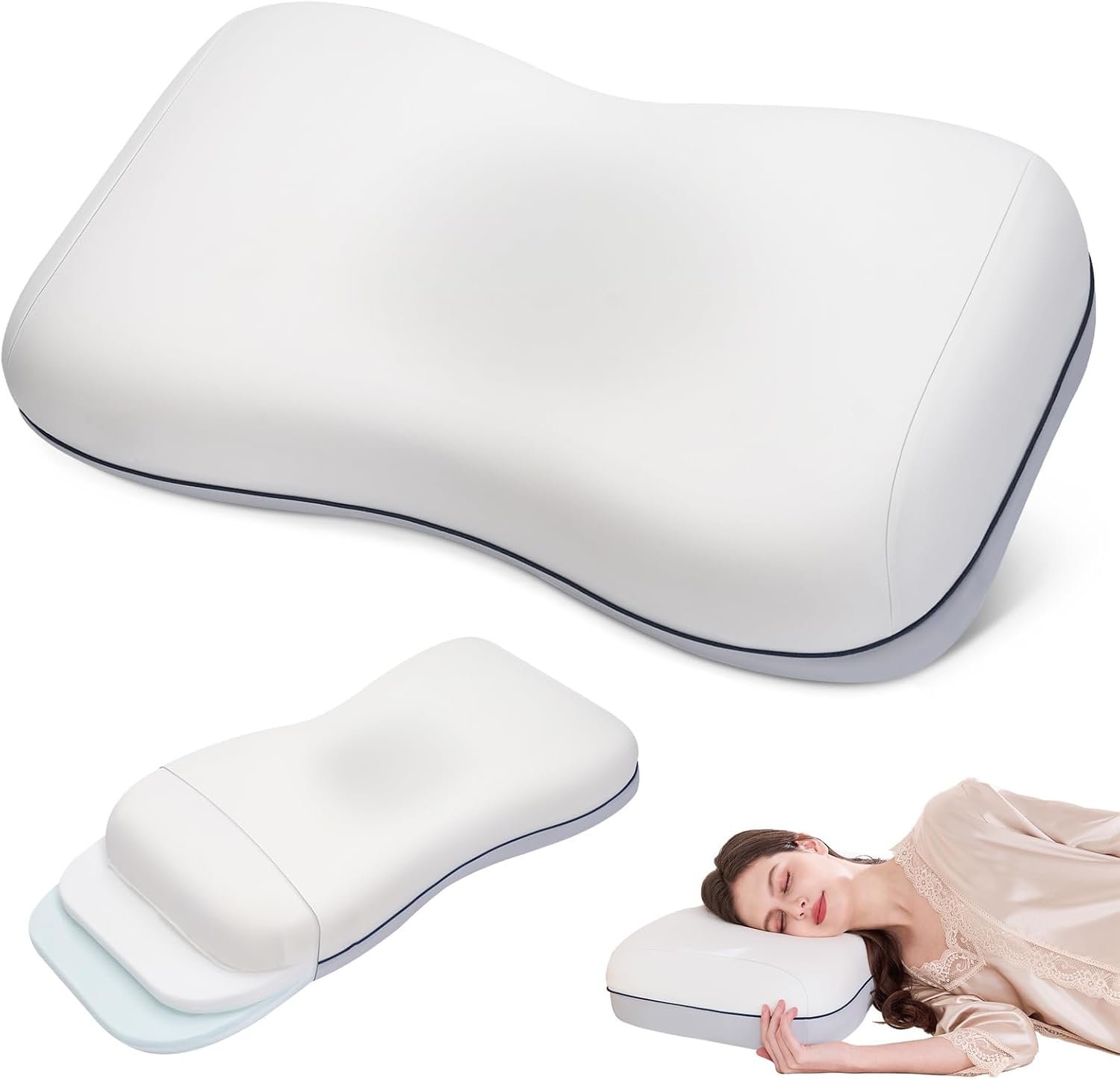 Cervical Neck Pillow, Adjustable Memory Foam Pillow for Neck Support, White