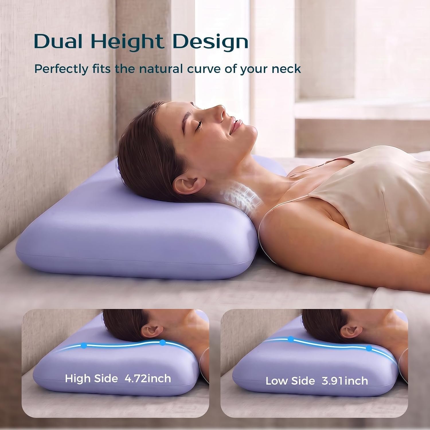 Cervical Neck Pillow for Sleeping, Pain Relief, Ergonomic Memory Foam Pillows for Side & Back Sleepers, Ice Silk Zipperless