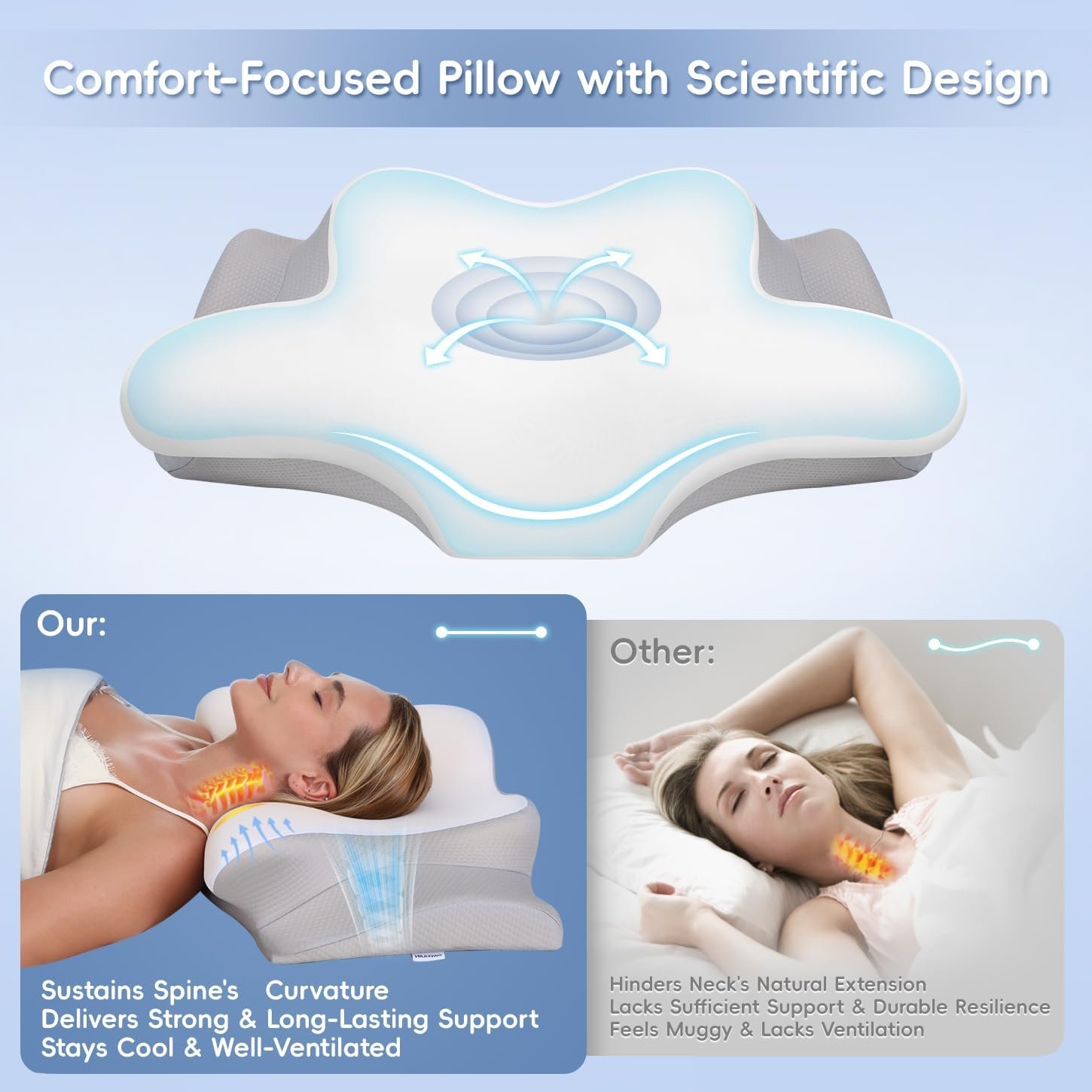 Cervical Neck Pillow, Memory Foam Pillows for Neck and Shoulder Pain Relief, Heights Ergonomic Pillow with Breathable Ice Silk Cover, Neck Support Pillow for Side Sleepers, White