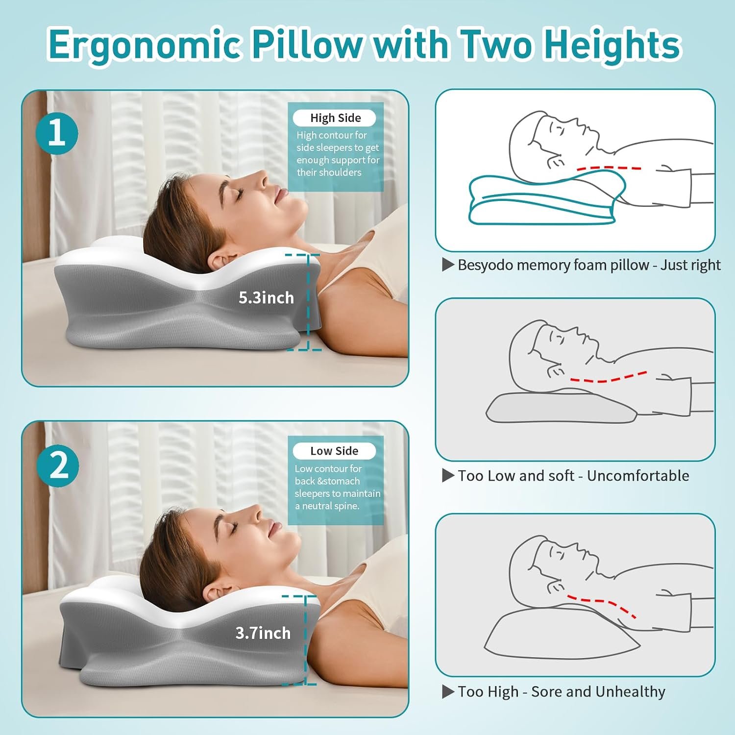Cervical Pillow for Neck Pain Relief, Ergonomic Neck Pillow for Sleeping, Contour Pillow for Neck Support, Memory Foam Pillows for Side Back Stomach Sleepers(WhiteGrey) Cervical Pillow for Neck Pain Relief, Ergonomic Neck Pillow for Sleeping, Contour Pillow for Neck Support, Memory Foam Pillows for Side Back Stomach Sleepers(WhiteGrey)