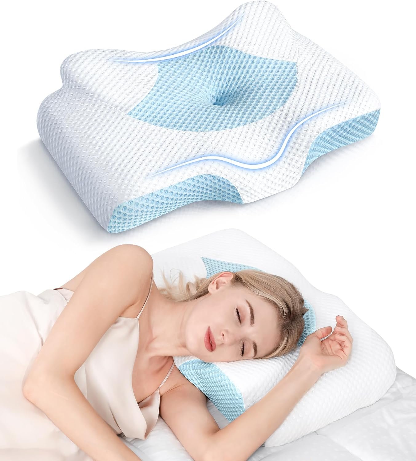 Cervical Pillow for Neck Pain Relief, Hollow Design Odorless Memory Foam Pillows with Cooling Case, Adjustable Orthopedic Bed Pillow for Sleeping, Support for Side Back Sleepers Cervical Pillow for Neck Pain Relief, Hollow Design Odorless Memory Foam Pillows with Cooling Case, Adjustable Orthopedic Bed Pillow for Sleeping, Support for Side Back Sleepers