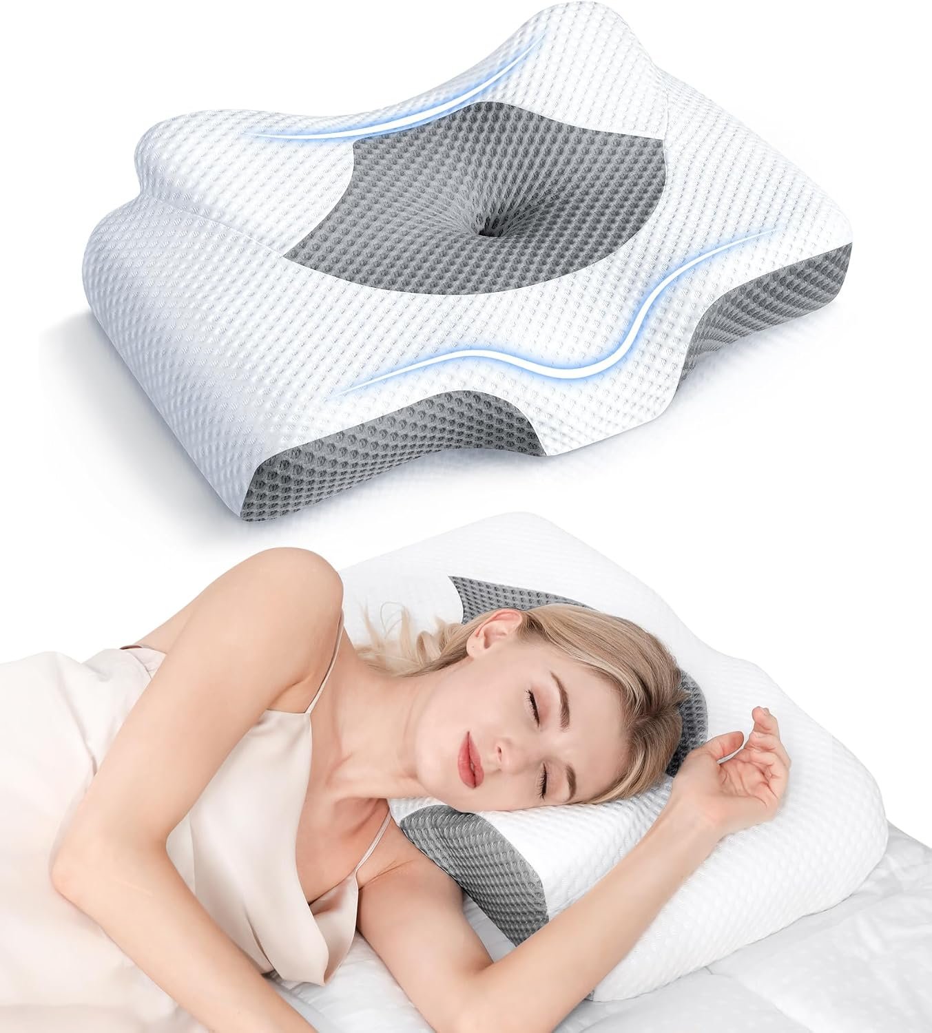 Cervical Pillow for Neck Pain Relief, Hollow Design Odorless Memory Foam Pillows with Cooling Case, Adjustable Orthopedic Bed Pillow for Sleeping, Support for Side Back Sleepers Cervical Pillow for Neck Pain Relief, Hollow Design Odorless Memory Foam Pillows with Cooling Case, Adjustable Orthopedic Bed Pillow for Sleeping, Support for Side Back Sleepers