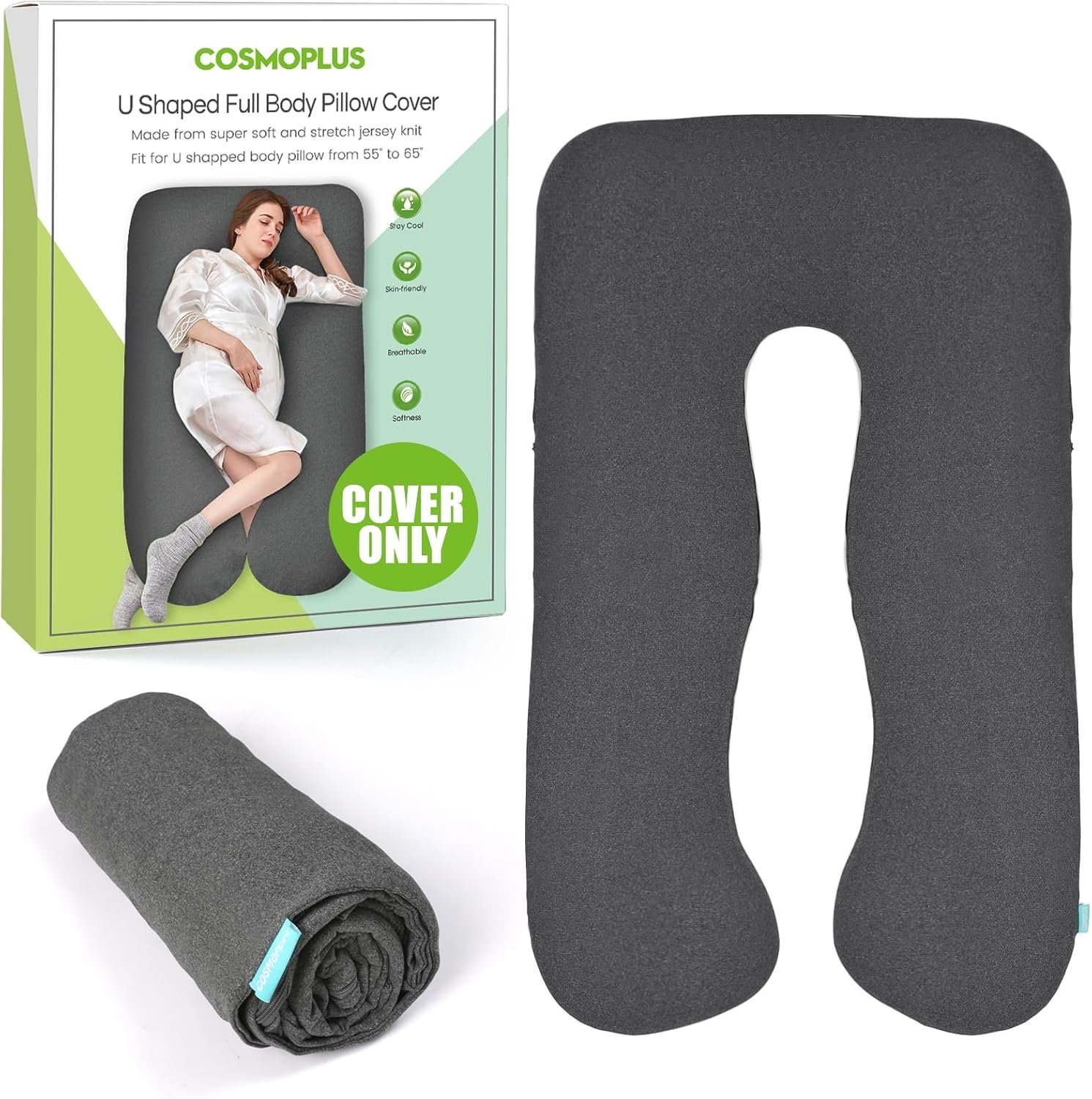 COSMOPLUS ππ«ππ π§ππ§ππ² ππ’π₯π₯π¨π° ππ¨π―ππ« U Shaped Full Body Pillow Case ππ¨π―ππ« for Maternity,Stretchy Cool Breathable Jersey Fabric