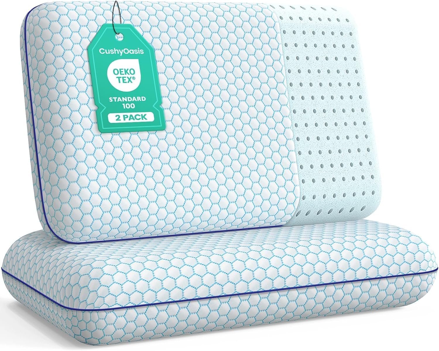 CushyOasis Memory Foam Pillows for Side, Back and Stomach Sleepers, Set of 2, Bed Pillow with Washable Cover and Breathable