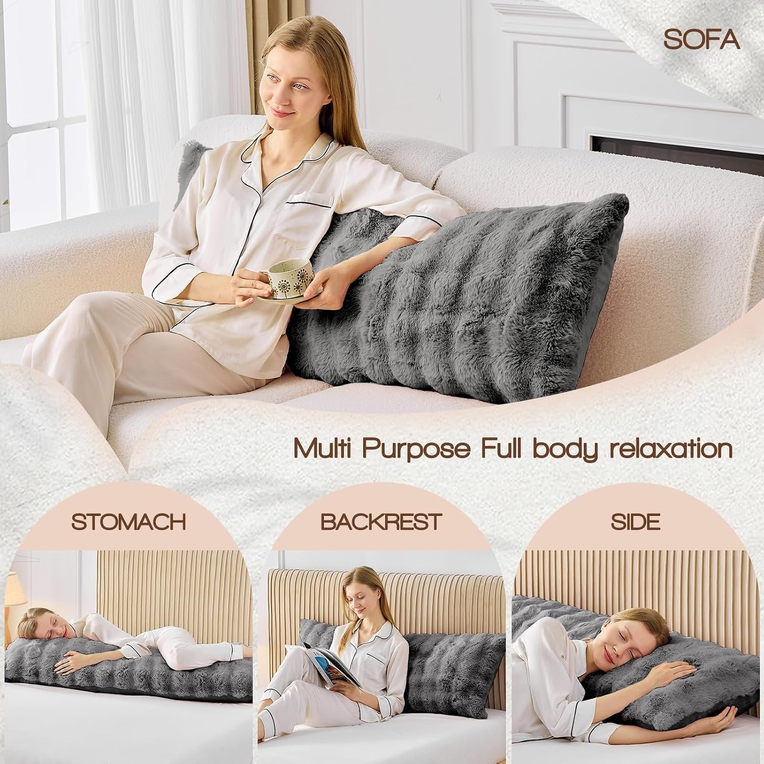 Faux Fur Fluffy Body Pillow for Adults, Soft Support