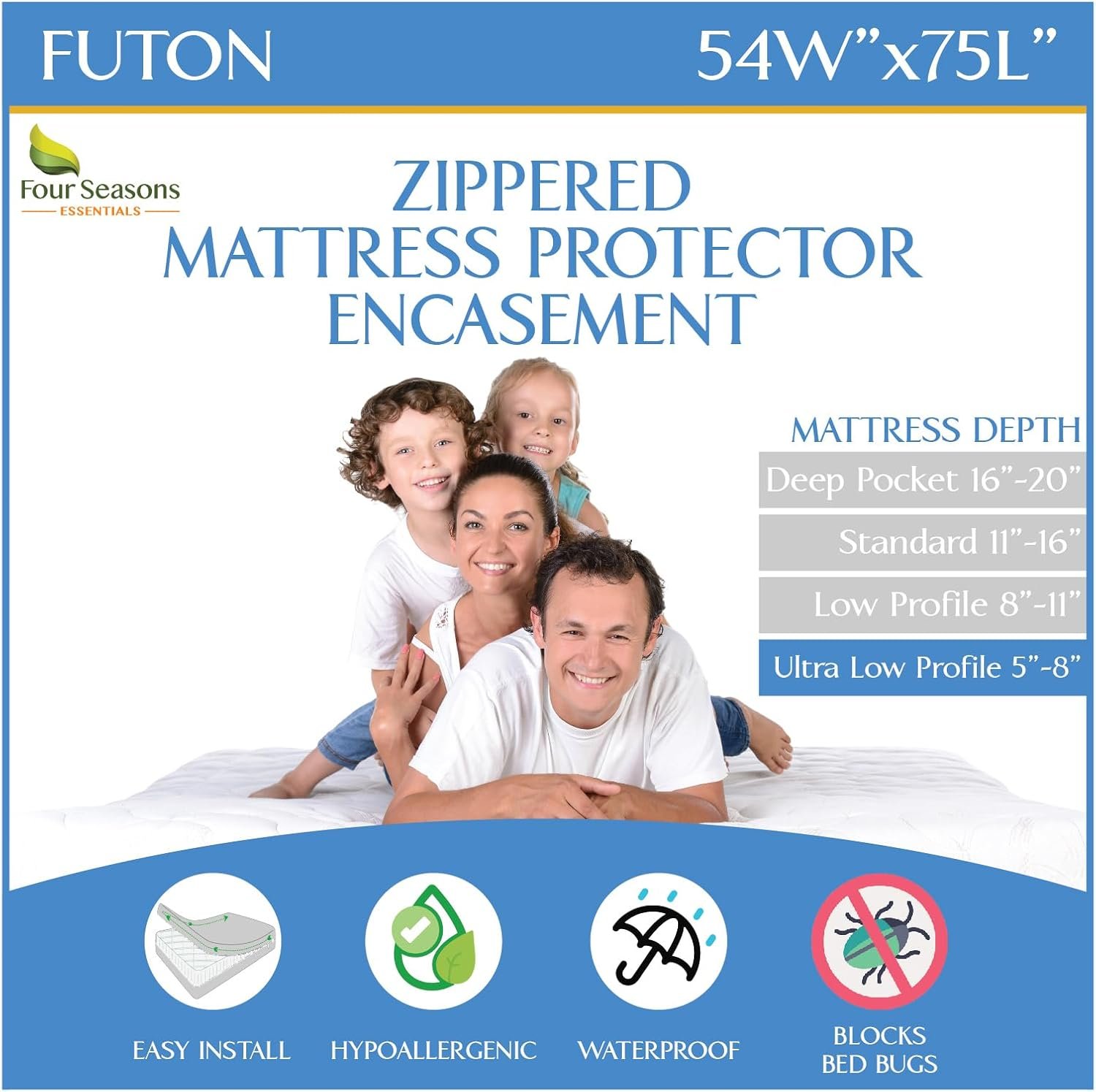 Futon Full (54"x 75") Waterproof Mattress Protector - Waterproof Zippered Encasement Premium Quality Bed Cover Protects