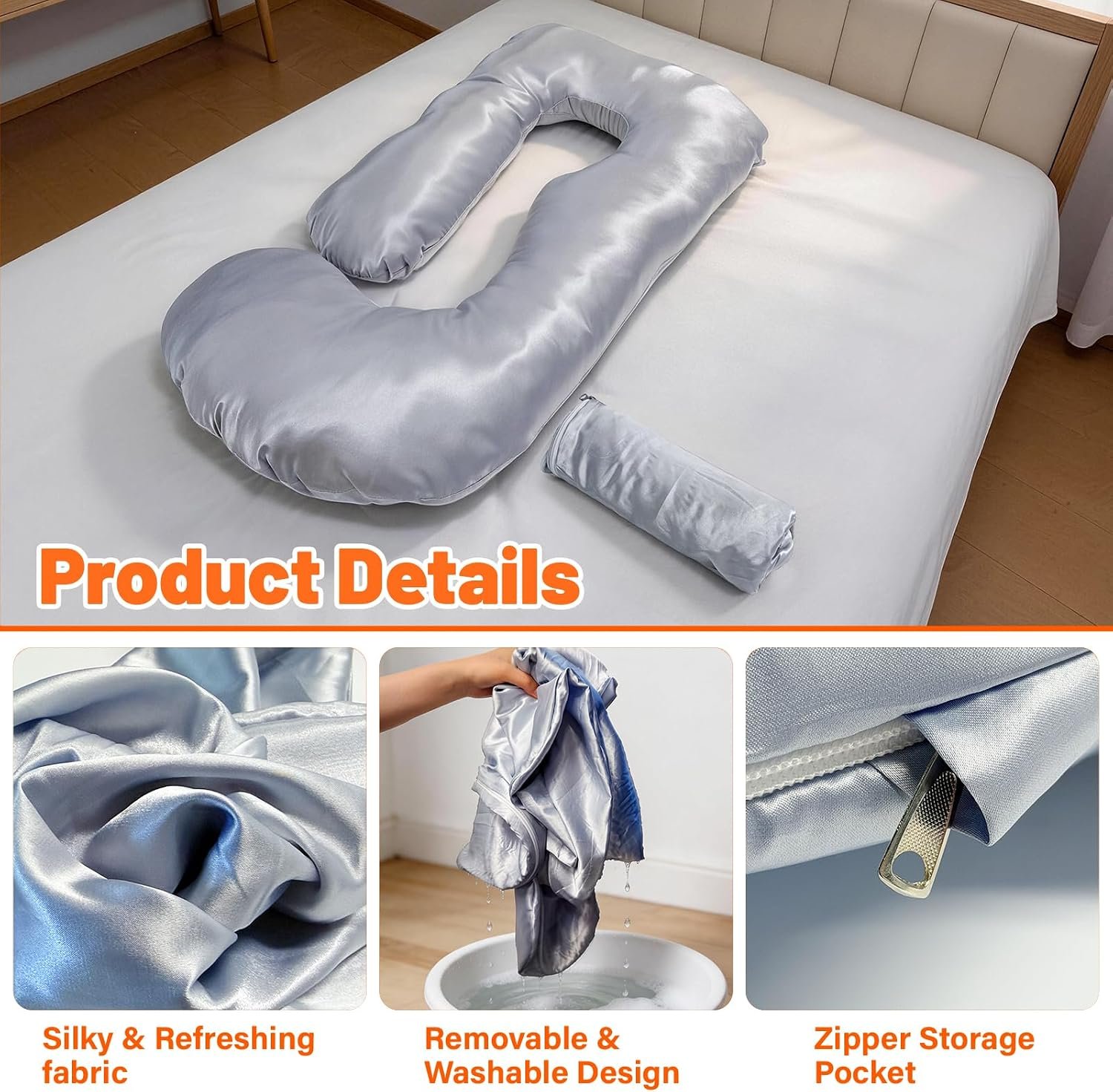 JZHLLA Maternity Pillow Cover, Silky Satin Fabric Removable & Washable U-Shaped Smooth Pregnancy Pillow Cover with Hidden