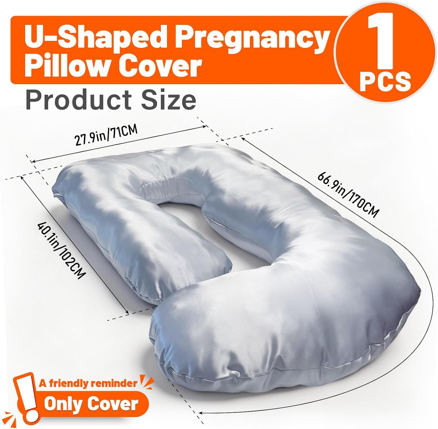 JZHLLA Maternity Pillow Cover, Silky Satin Fabric Removable & Washable U-Shaped Smooth Pregnancy Pillow Cover with Hidden