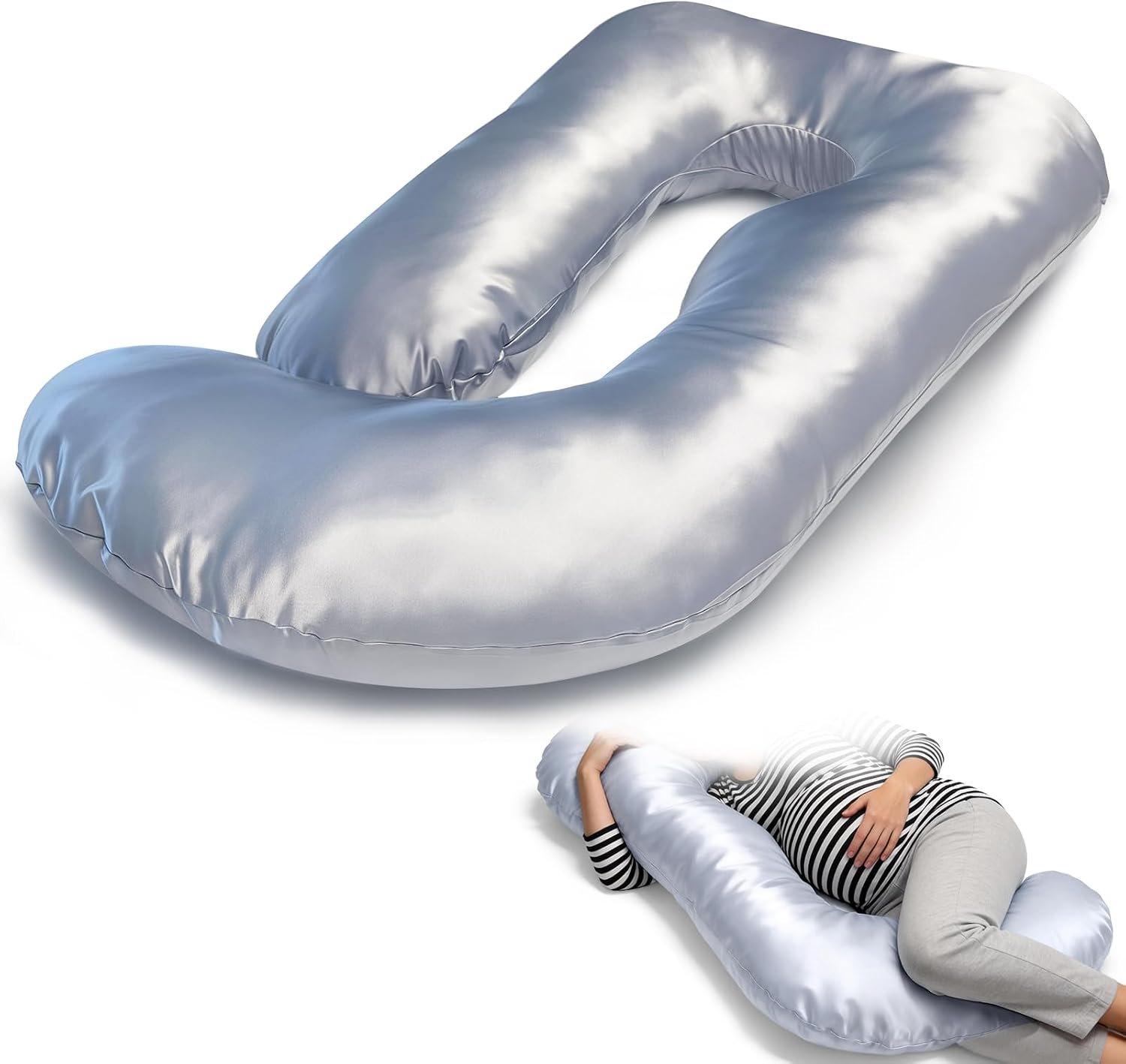 JZHLLA Maternity Pillow Cover, Silky Satin Fabric Removable & Washable U-Shaped Smooth Pregnancy Pillow Cover with Hidden