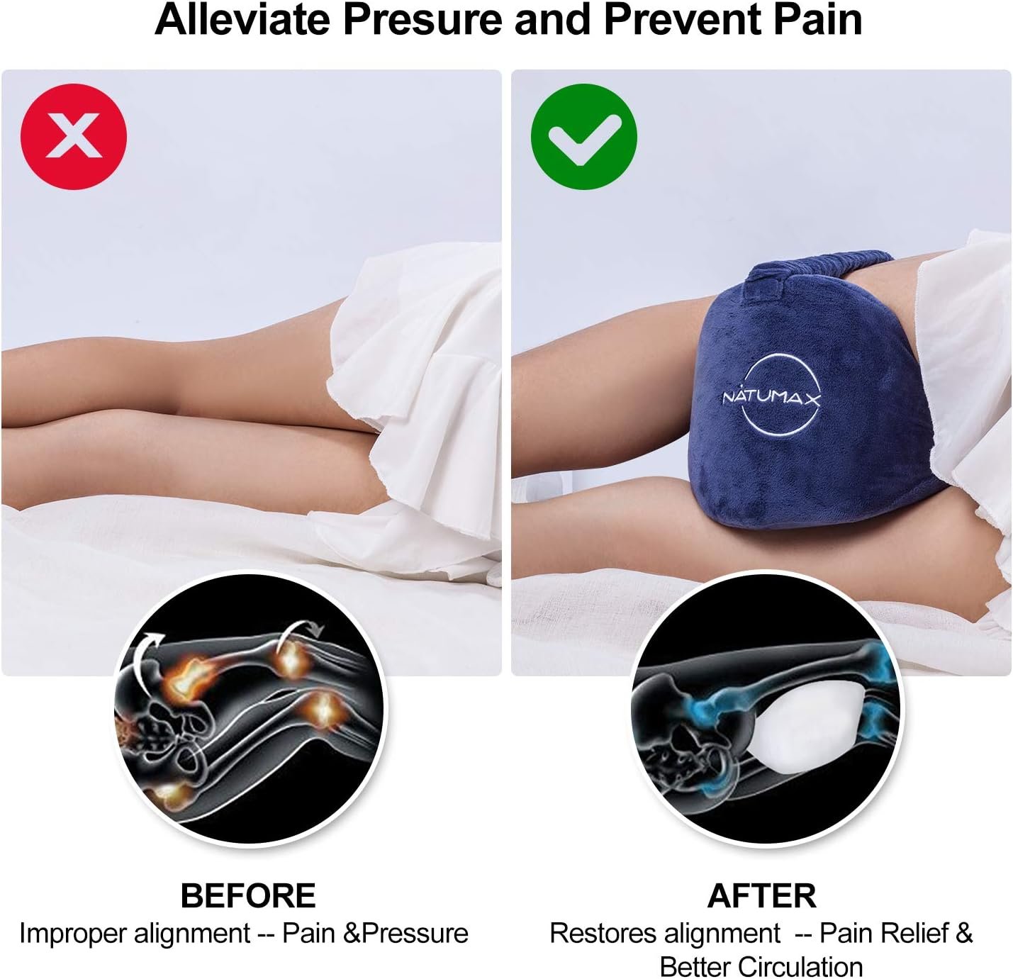 Knee Pillow for Side Sleepers - Relief from Sciatica Pain, Back/Leg Pain, Pregnancy, Hip and Joint Pain Memory Foam Leg