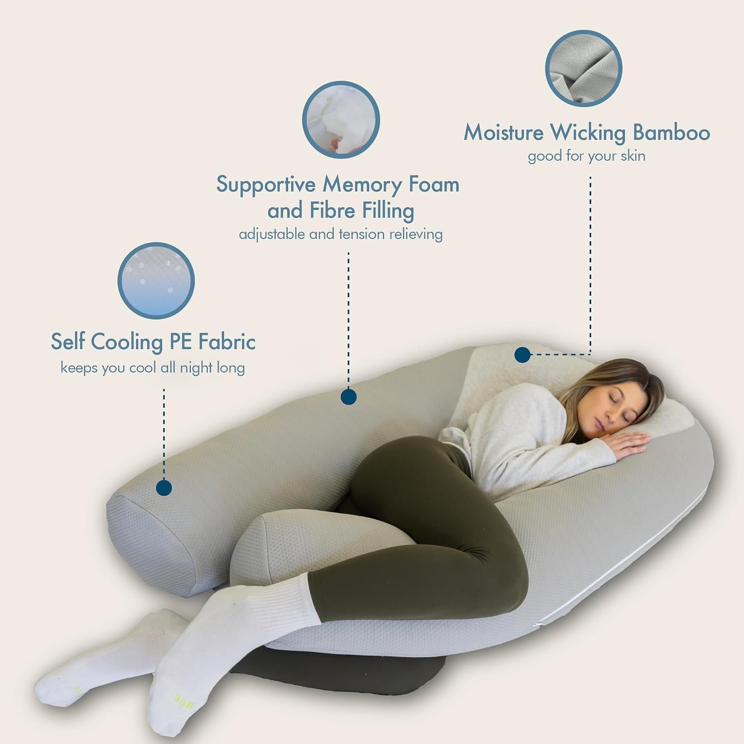 Plufl Hugl Cooling Body Pillow for Adults, U Shaped Pregnancy Pillow, Grey