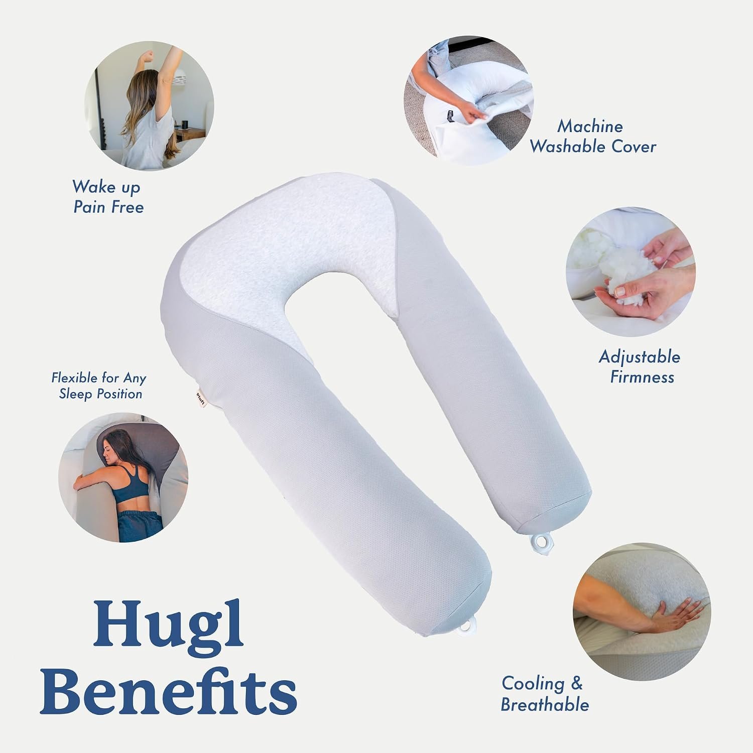 Plufl Hugl Cooling Body Pillow for Adults, U Shaped Pregnancy Pillow, Grey