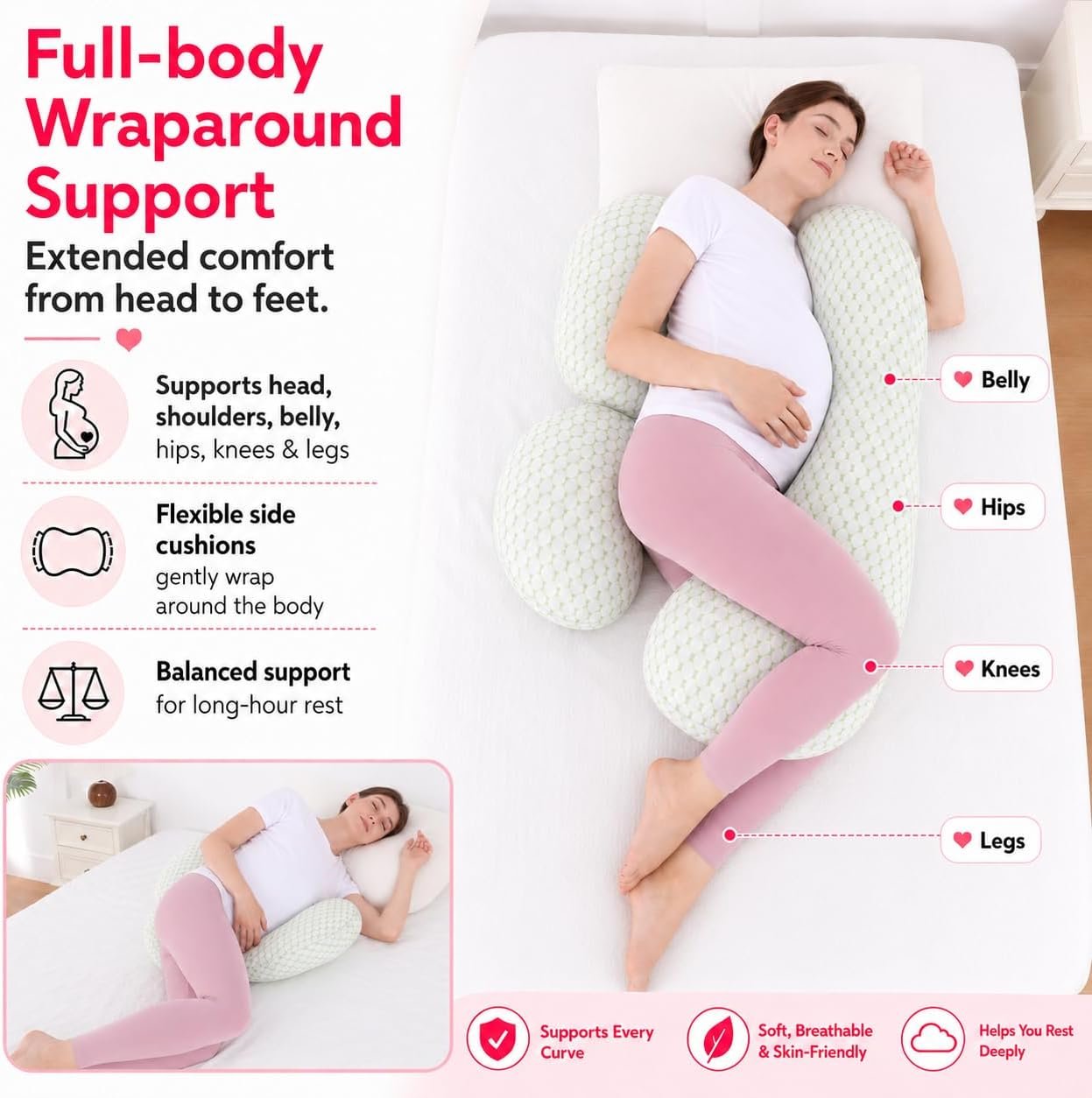 Pregnancy Pillows for Sleeping - Full Body Pillow for Pregnant Women Sleeping, Support for Back, Belly, Legs, Hips Green