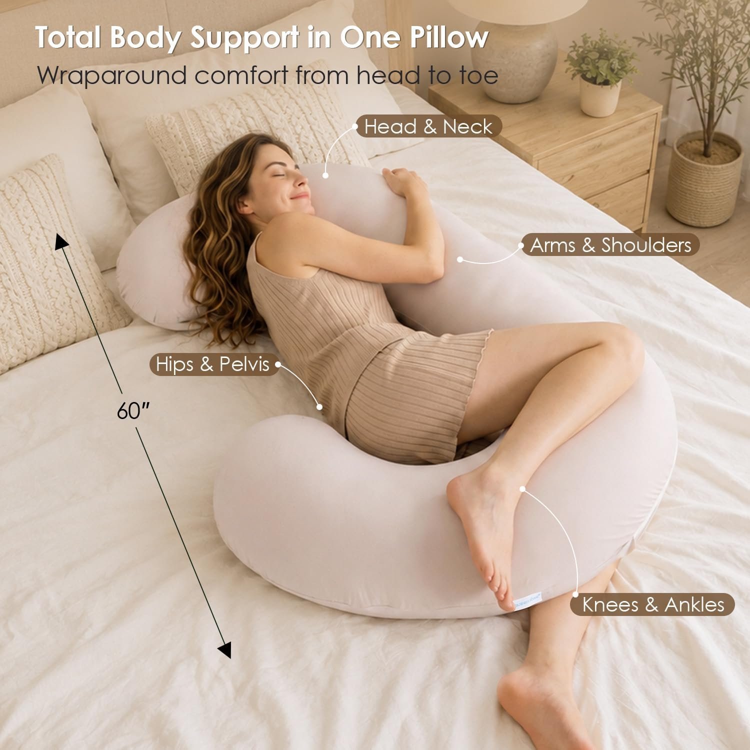 QUEEN ROSE Cooling Body Pillow, C Shaped Full Body Pillow, Ivory