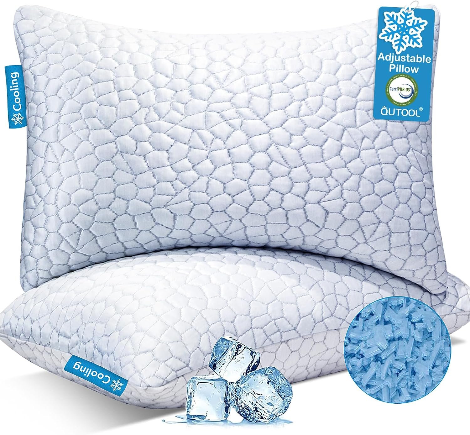 QUTOOL Cooling Pillow for Sleeping, CertiPUR-US Shredded Memory Foam Queen Pillows Set of 2, Cool Pillow for Hot Sleepers Adjustable Firm Pillow for Side, Back, Stomach Sleepers Soft Yet Support,White