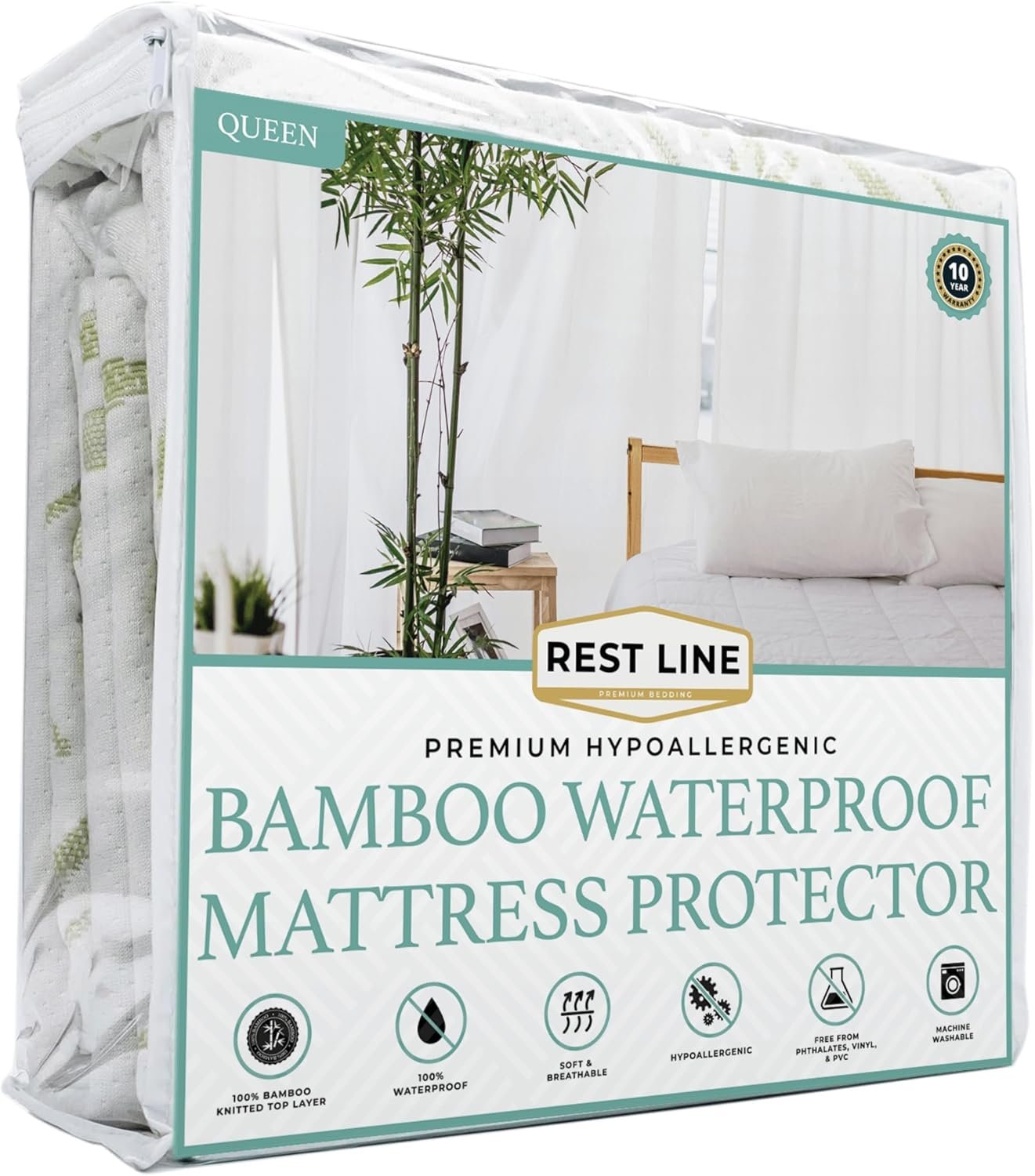 RestLine Premium Bamboo Waterproof Mattress Protector - Queen