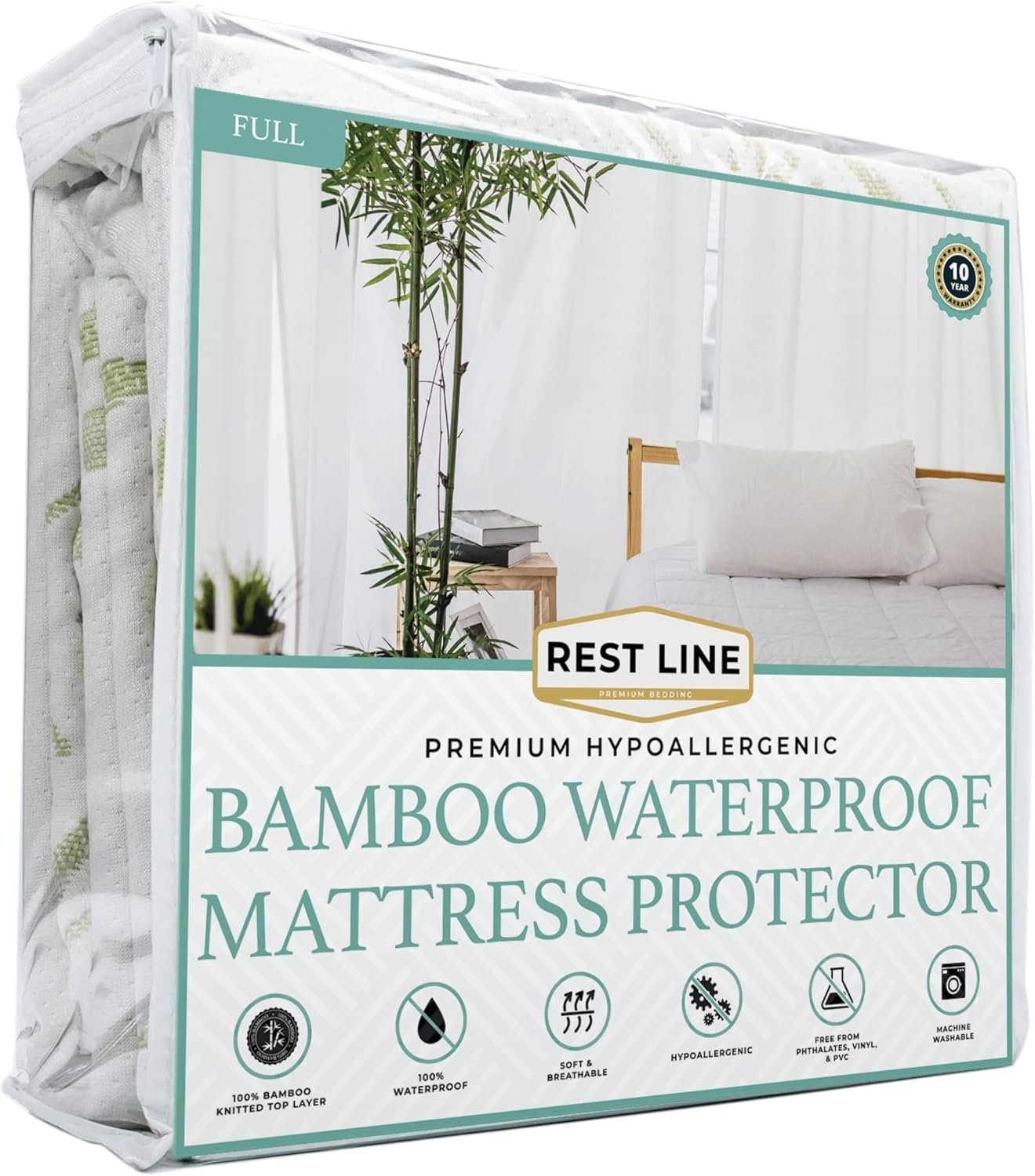 RestLine Premium Bamboo Waterproof Mattress Protector - Queen