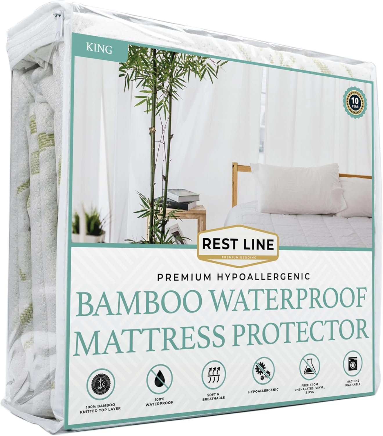 RestLine Premium Bamboo Waterproof Mattress Protector - Queen