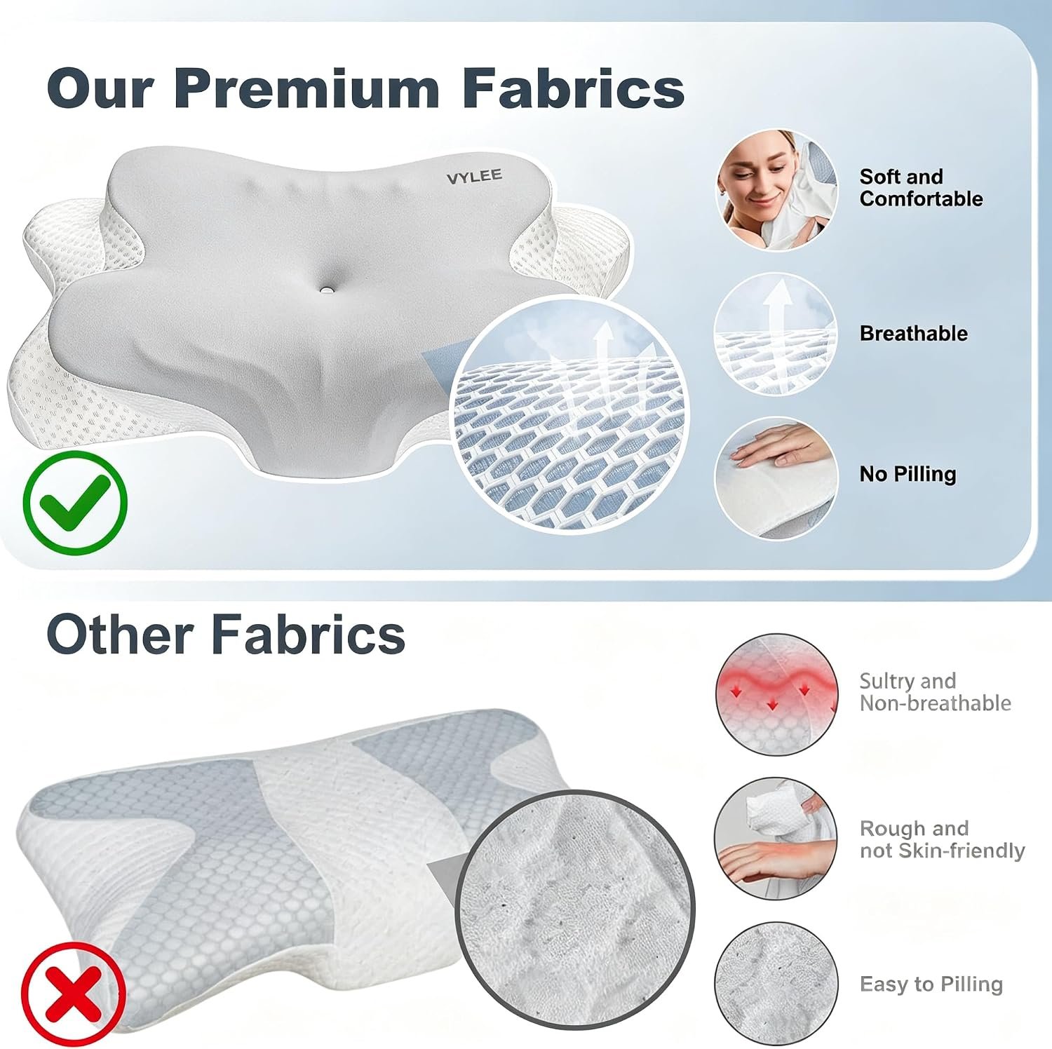 VYLEE Cervical Neck Pillow, Memory Foam Contour Pillow (Grey)