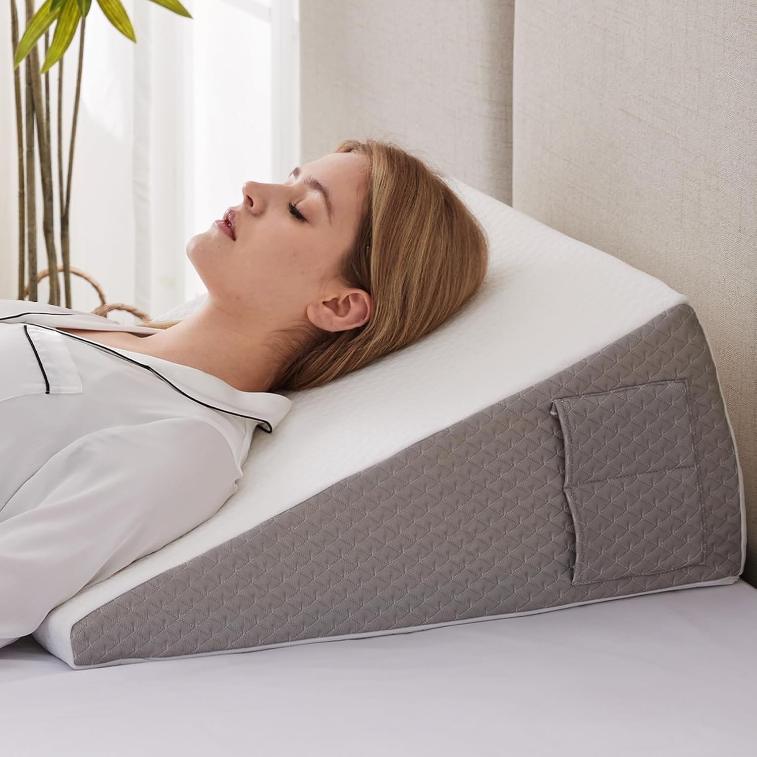 Wedge Pillow for Acid Reflux, Bed Wedge Pillow for Headboard 10, Pillow Wedge for Back Pain Relief, Post Surgery, Elevated Pillows for Sleeping, Snoring, Triangle Pillow with Cover, White