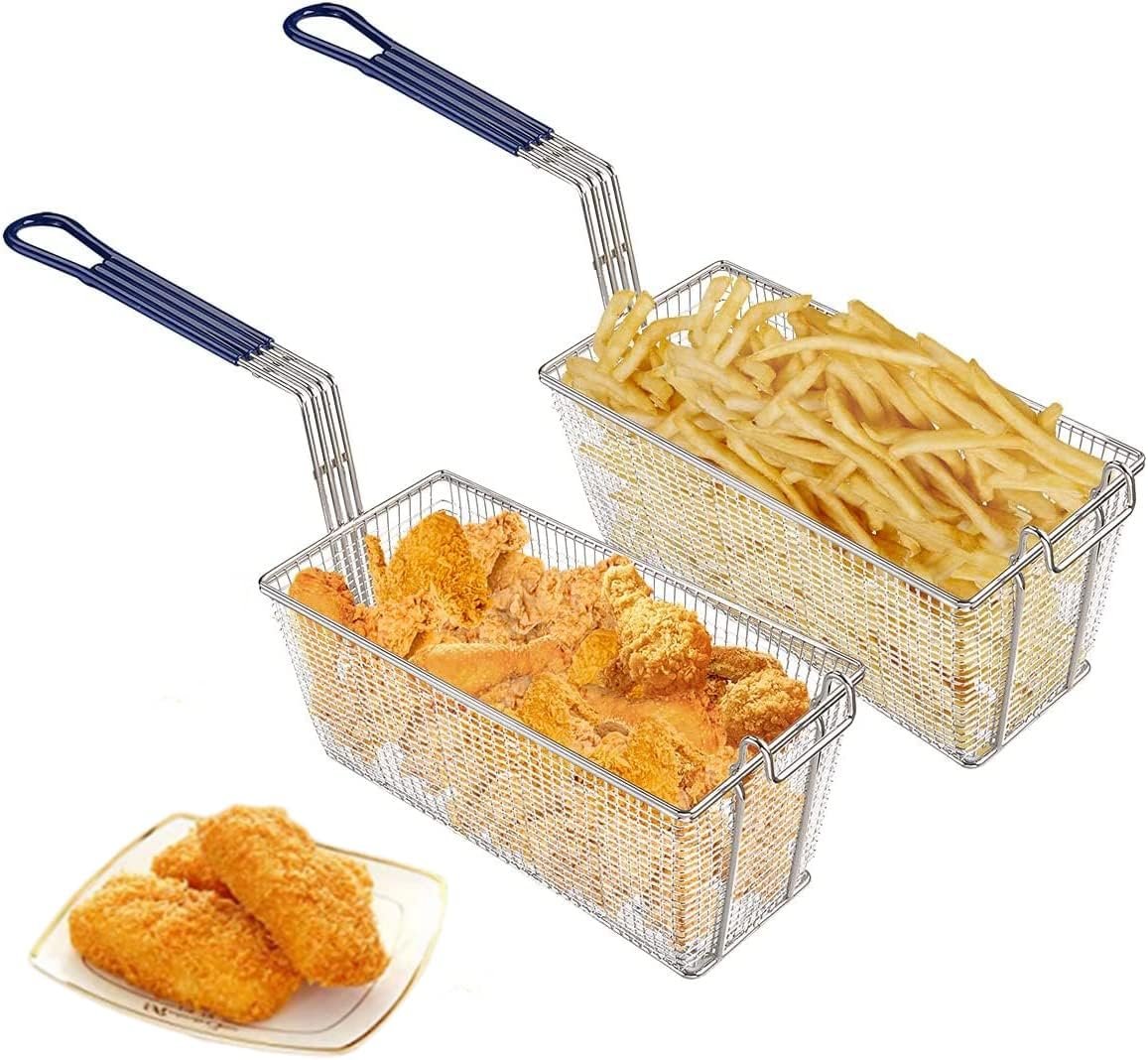 2PCS Deep Fryer Basket, Non-Slip Handle Heavy Duty Nickel Plated Iron Construction Chip Basket,13 x 6 x 6, Commercial Restaurant Kitchen Frying Chips Fish Sausages