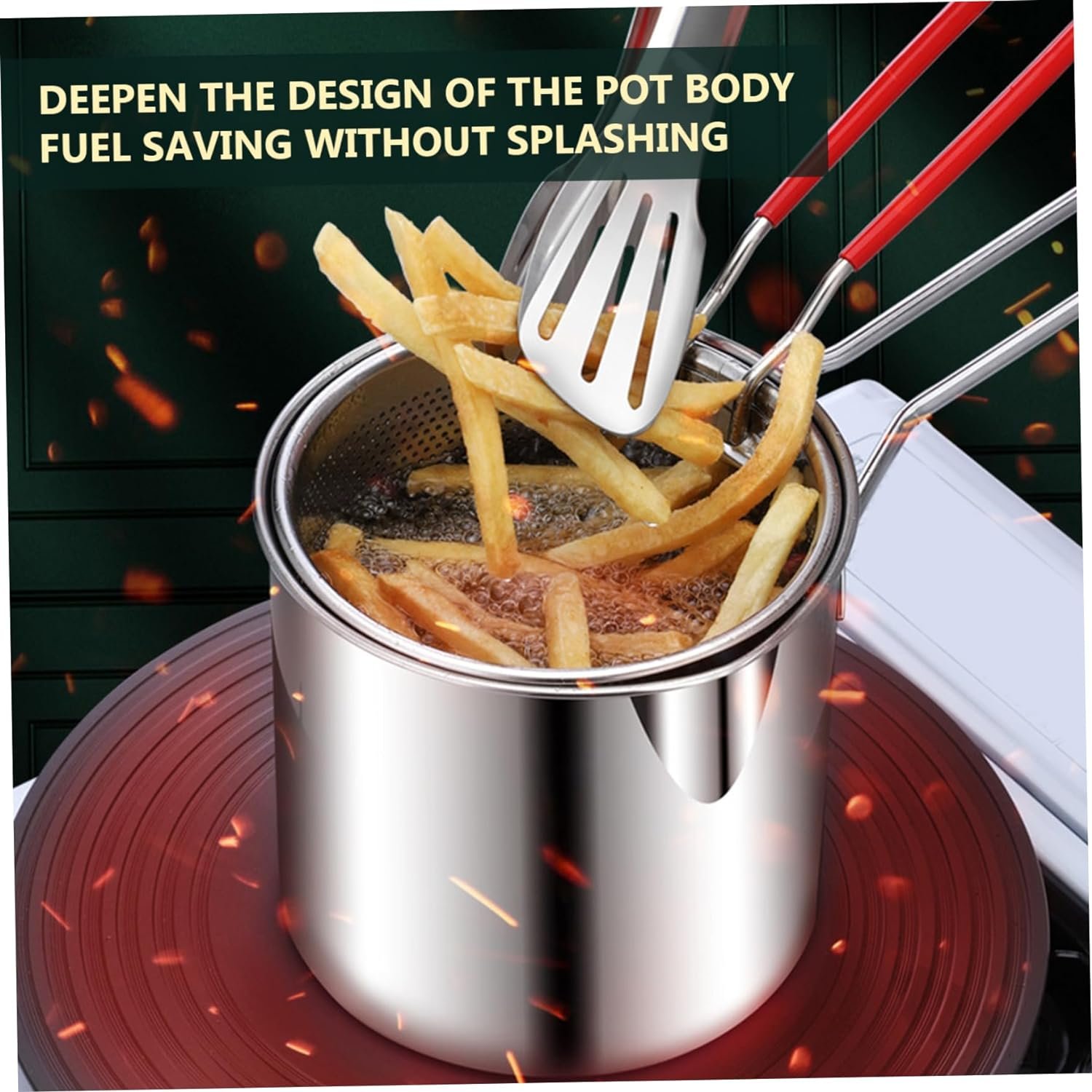 Deep Fryer with Basket 2pcs/set 1200ml Stainless Steel Fryer with Handles Uncoated Mirror Polish Brushed Frying Pan for French Fries Fish Chicken Fins