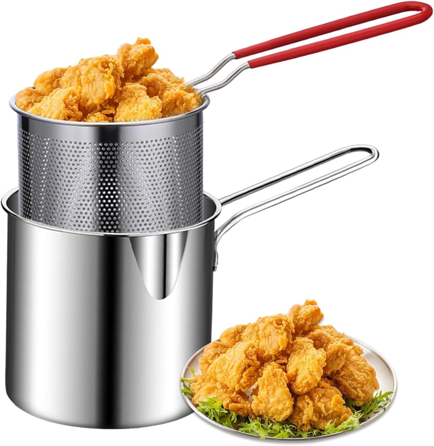 Deep Fryer with Basket 2pcs/set 1200ml Stainless Steel Fryer with Handles Uncoated Mirror Polish Brushed Frying Pan for French Fries Fish Chicken Fins